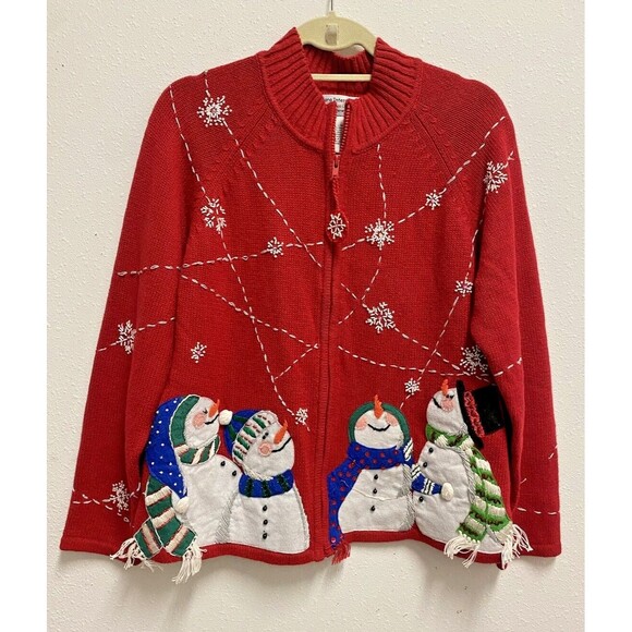 Vintage Tiara International Christmas Collection Snowman Cardigan Sweater Size M - Picture 1 of 14